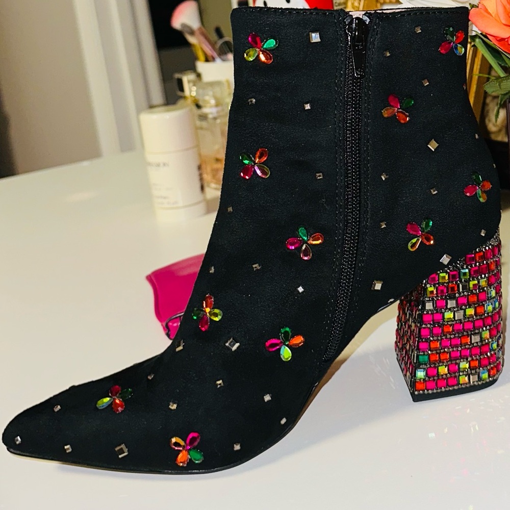Embellished Black Ankle Boots with Multicolor Heel